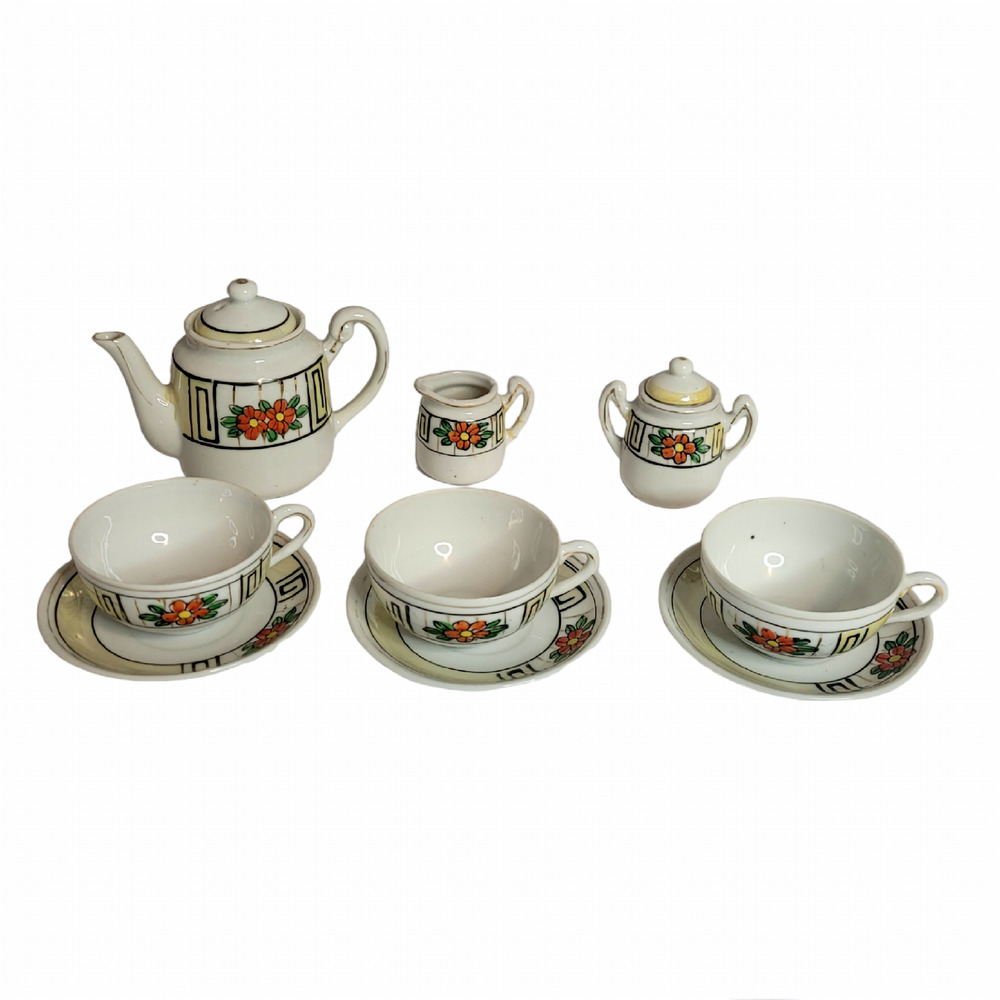 Japanese Miniature Toy Tea Set Floral Bone China Collectible White Red Flower